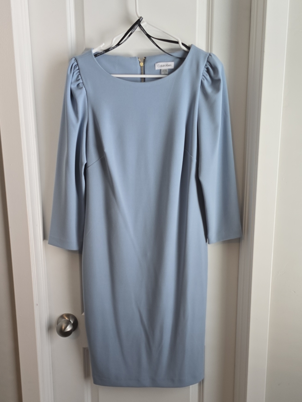 Calvin Klein Powder Blue Midi Sheath Dress with Puff Shoulders